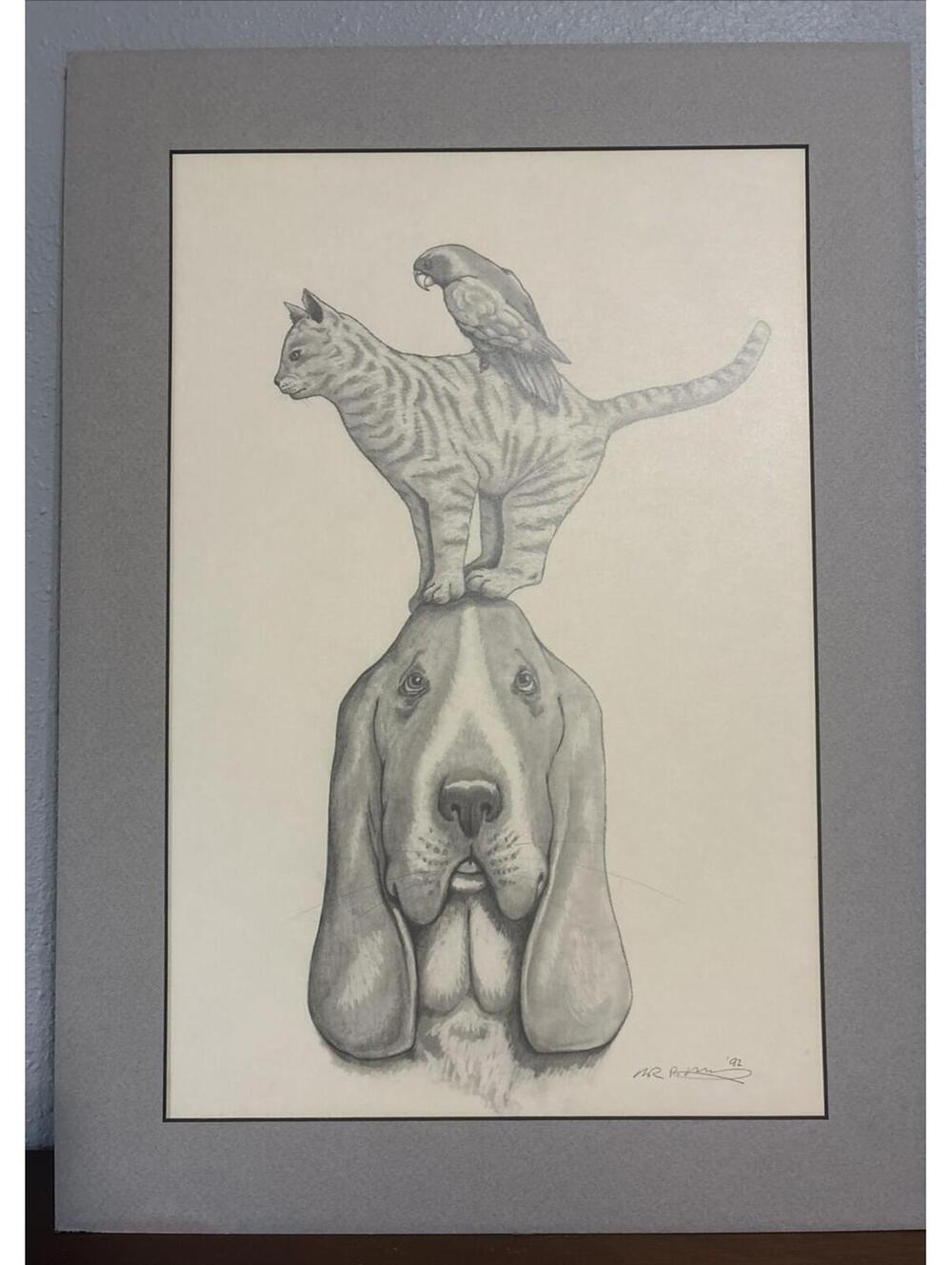 Unique Art Basset Hound, Cat And Bird Signed 1992    22x16” Matted